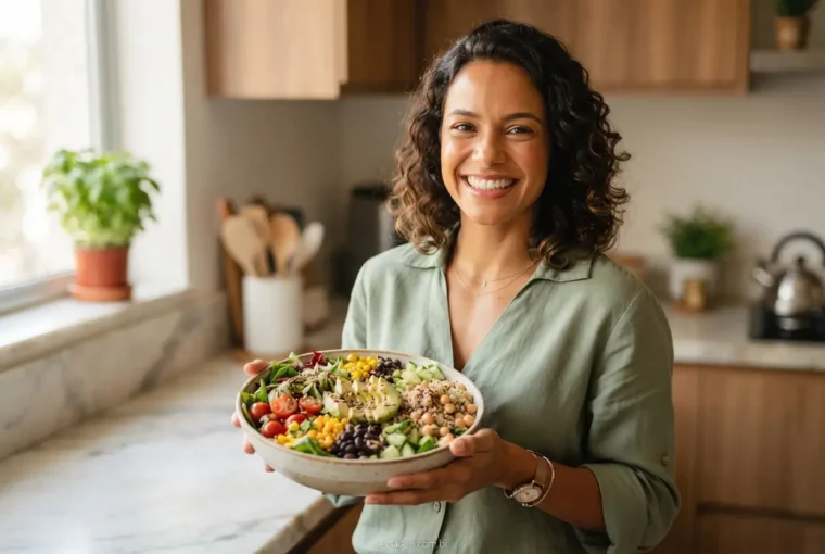 Mulher sorridente segurando uma salada colorida na cozinha