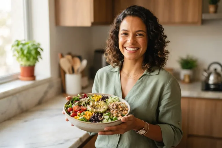 Mulher sorridente segurando uma salada colorida na cozinha
