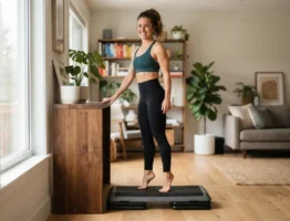 Mulher sorridente realizando o treino de panturrilha feminino em sua sala de estar.
