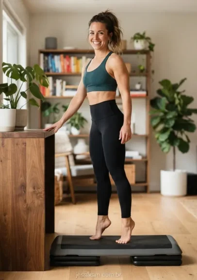 Mulher sorridente realizando o treino de panturrilha feminino em sua sala de estar.