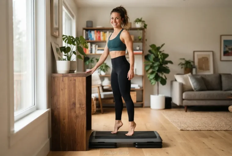 Mulher sorridente realizando o treino de panturrilha feminino em sua sala de estar.