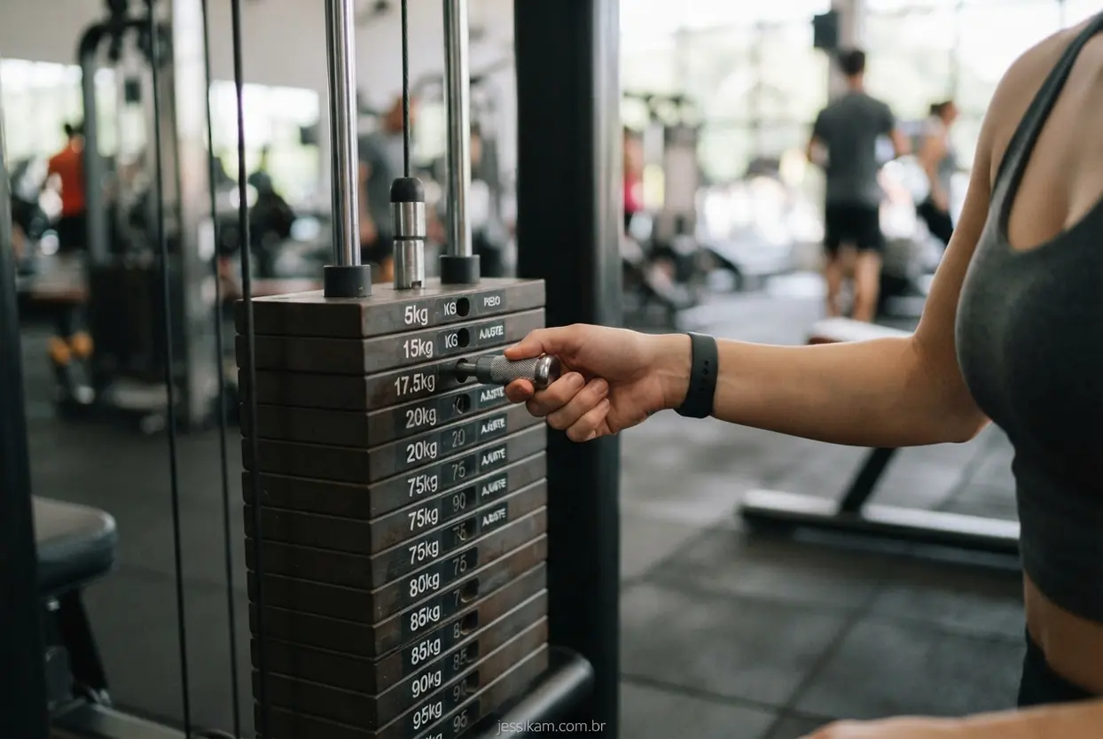 Mão ajustando o peso em uma máquina de musculação com segurança