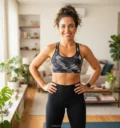Mulher sorridente na sala de estar pronta para iniciar a divisão de treino ABC (feminino) em casa.