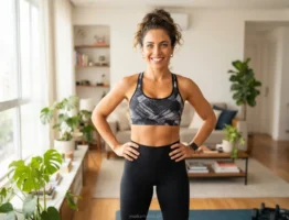 Mulher sorridente na sala de estar pronta para iniciar a divisão de treino ABC (feminino) em casa.