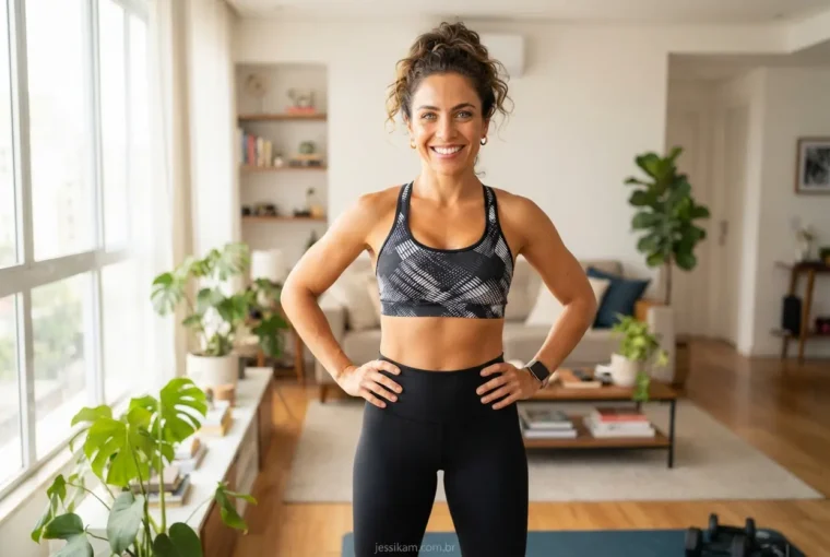 Mulher sorridente na sala de estar pronta para iniciar a divisão de treino ABC (feminino) em casa.