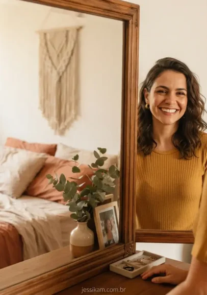 Mulher sorrindo no espelho ao pensar em como me sentir bonita de verdade