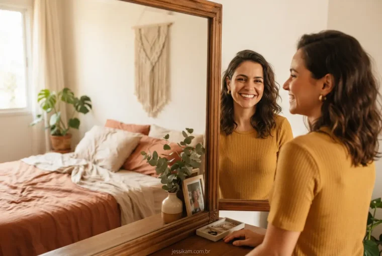 Mulher sorrindo no espelho ao pensar em como me sentir bonita de verdade