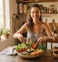 Mulher feliz preparando salada na cozinha ilustrando o que é reeducação alimentar