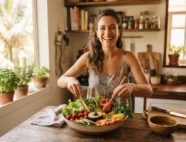 Mulher feliz preparando salada na cozinha ilustrando o que é reeducação alimentar