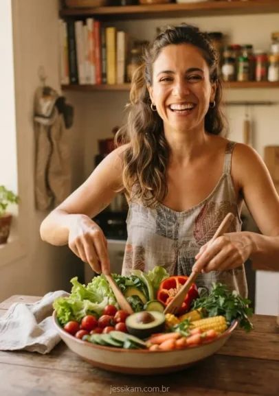 Mulher feliz preparando salada na cozinha ilustrando o que é reeducação alimentar