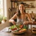 Mulher feliz preparando salada na cozinha ilustrando o que é reeducação alimentar