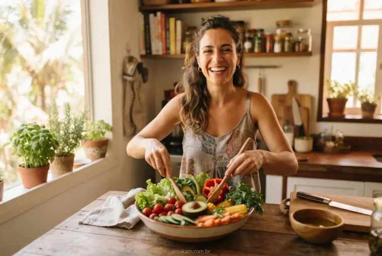 Mulher feliz preparando salada na cozinha ilustrando o que é reeducação alimentar