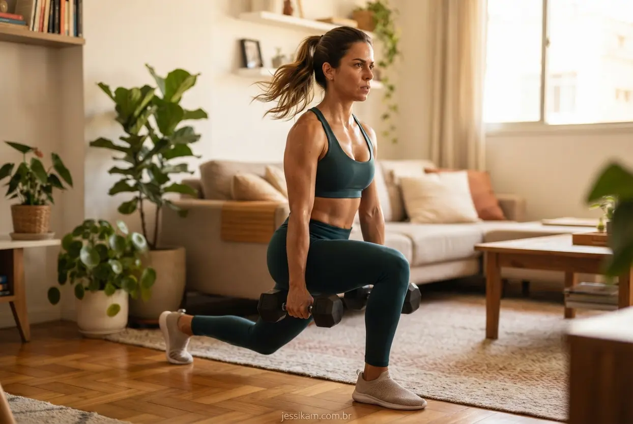 Mulher ajustando rotina de exercícios com halteres para destravar resultados
