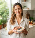 Mulher sorridente segurando tigela de aveia com morangos na cozinha