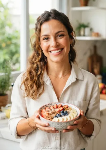 Mulher sorridente segurando tigela de aveia com morangos na cozinha
