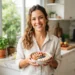 Mulher sorridente segurando tigela de aveia com morangos na cozinha