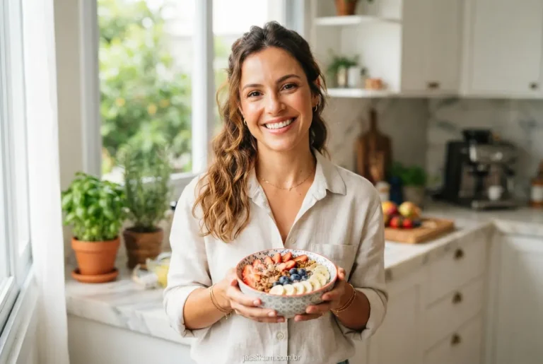 Mulher sorridente segurando tigela de aveia com morangos na cozinha