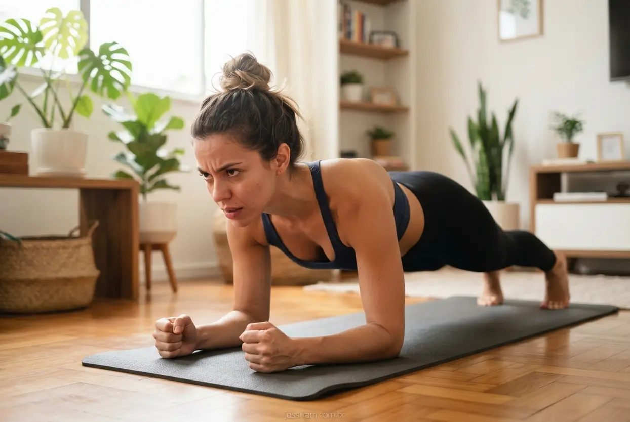 Exercício de prancha isométrica Mulher praticando prancha isométrica para fortalecer os músculos profundos