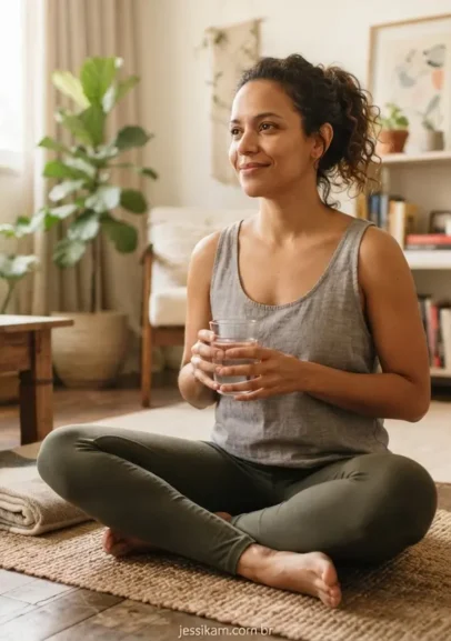 O que fazer quando jacar: mulher sorrindo e segurando um copo de agua na sala de estar